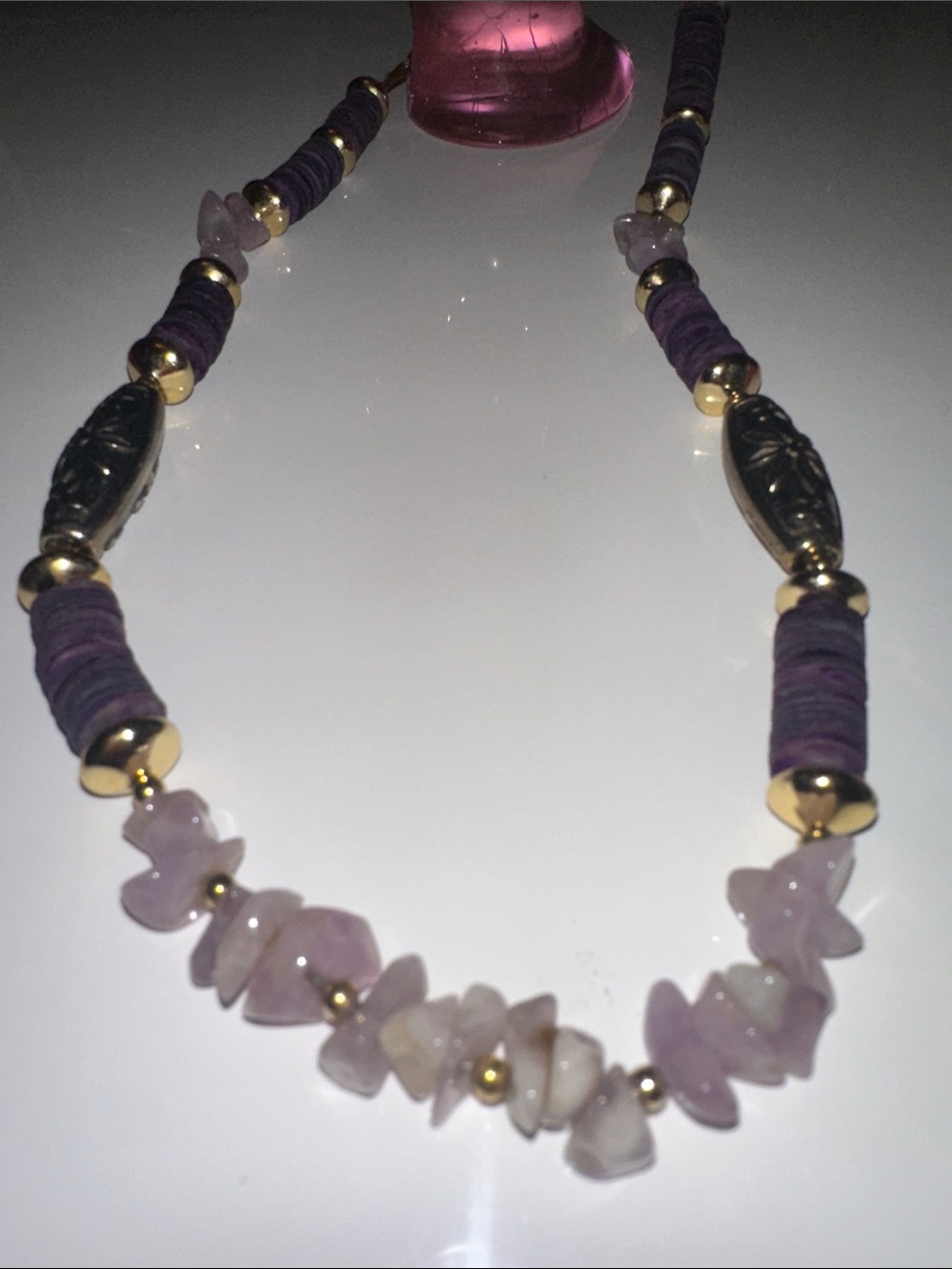 Purple Disc Beads, Lavender Quartz Gem Chips, Gold Accent Spacers Necklace.